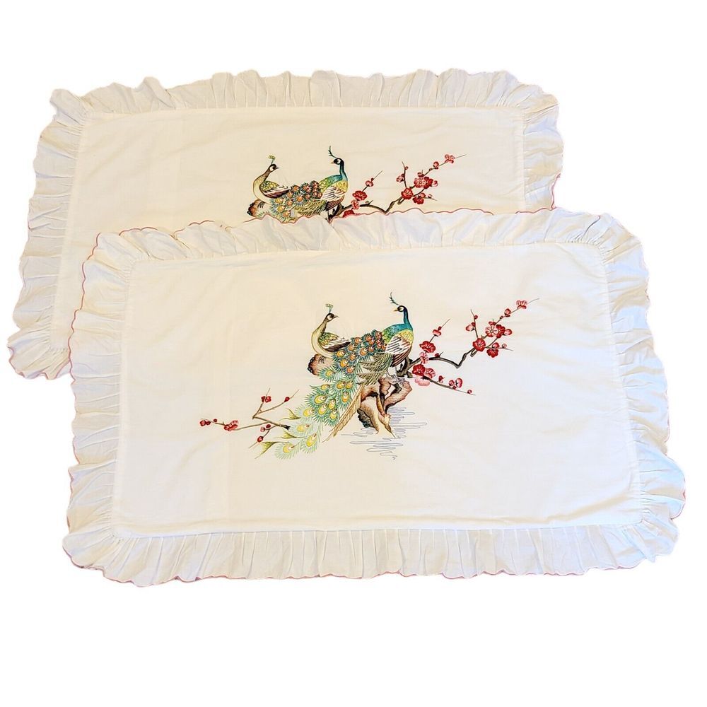 Vintage Set Of 2 Embroidered Peacock White Ruffles Pillow Cushion‎ Covers Boho